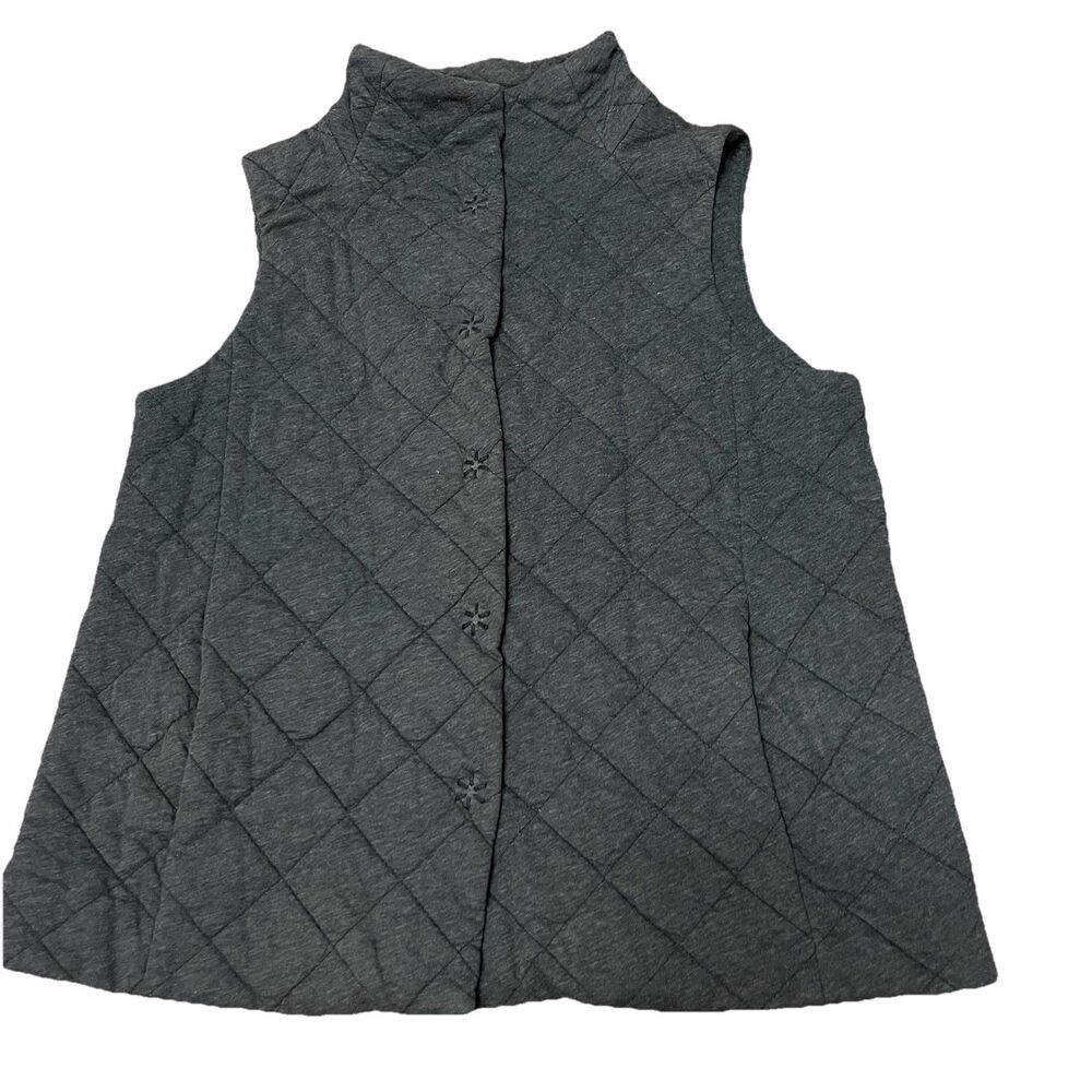 Eileen Fisher Vest Size S Quilted Stand Collar Pockets Snap Front Gray Cotton